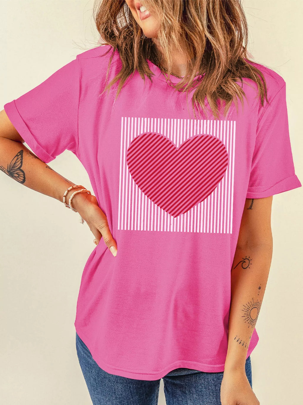 Contrast Striped Heart Printed Valentines Day T Shirt