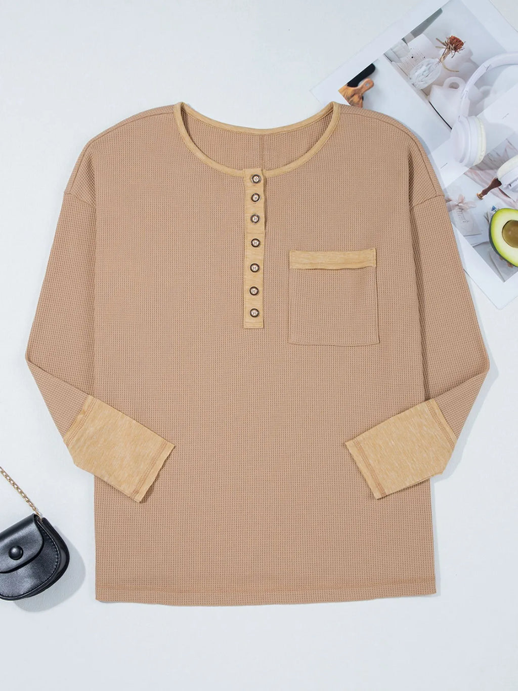 Waffle Textured Tunic Henley Top with Slits