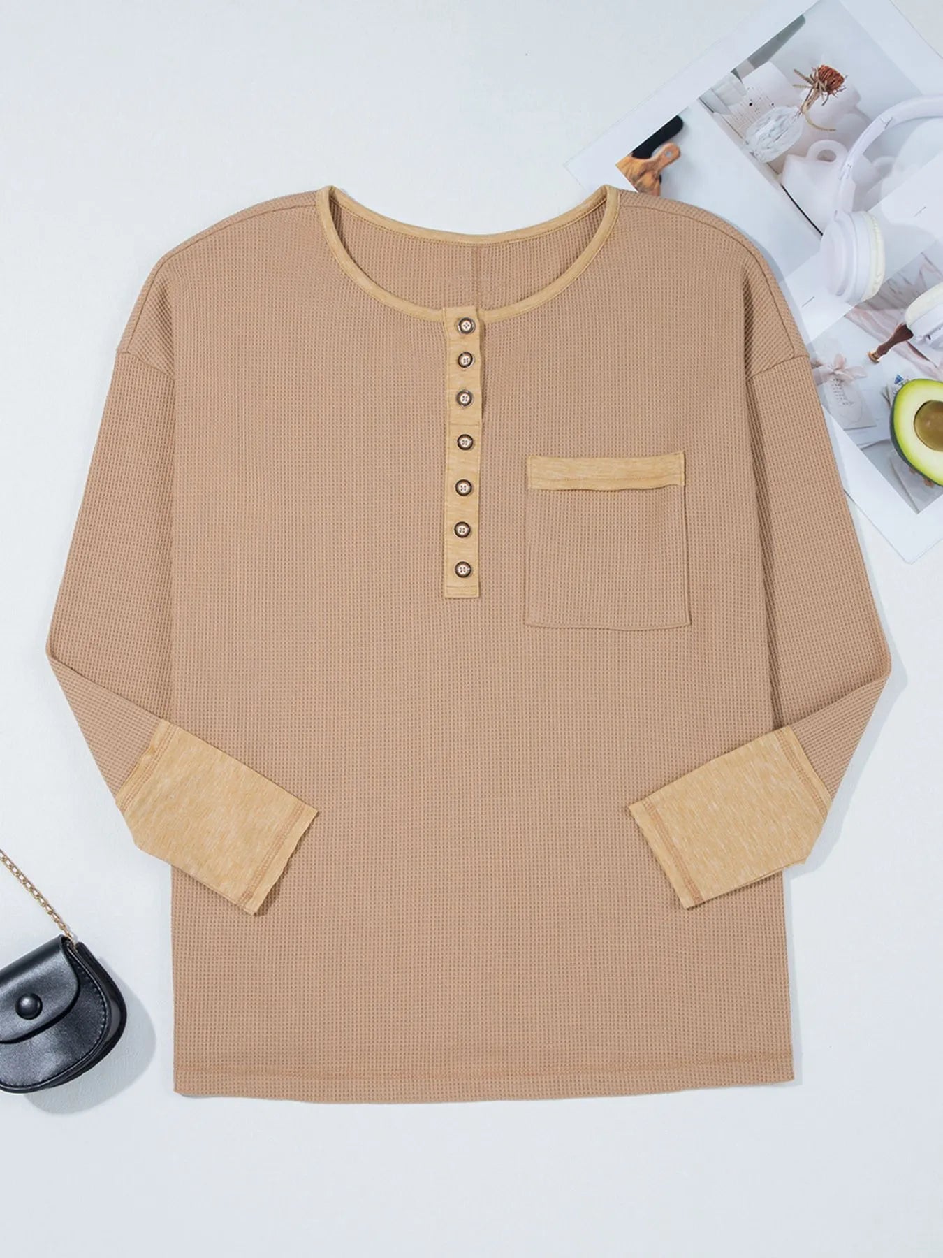 Waffle Textured Tunic Henley Top with Slits