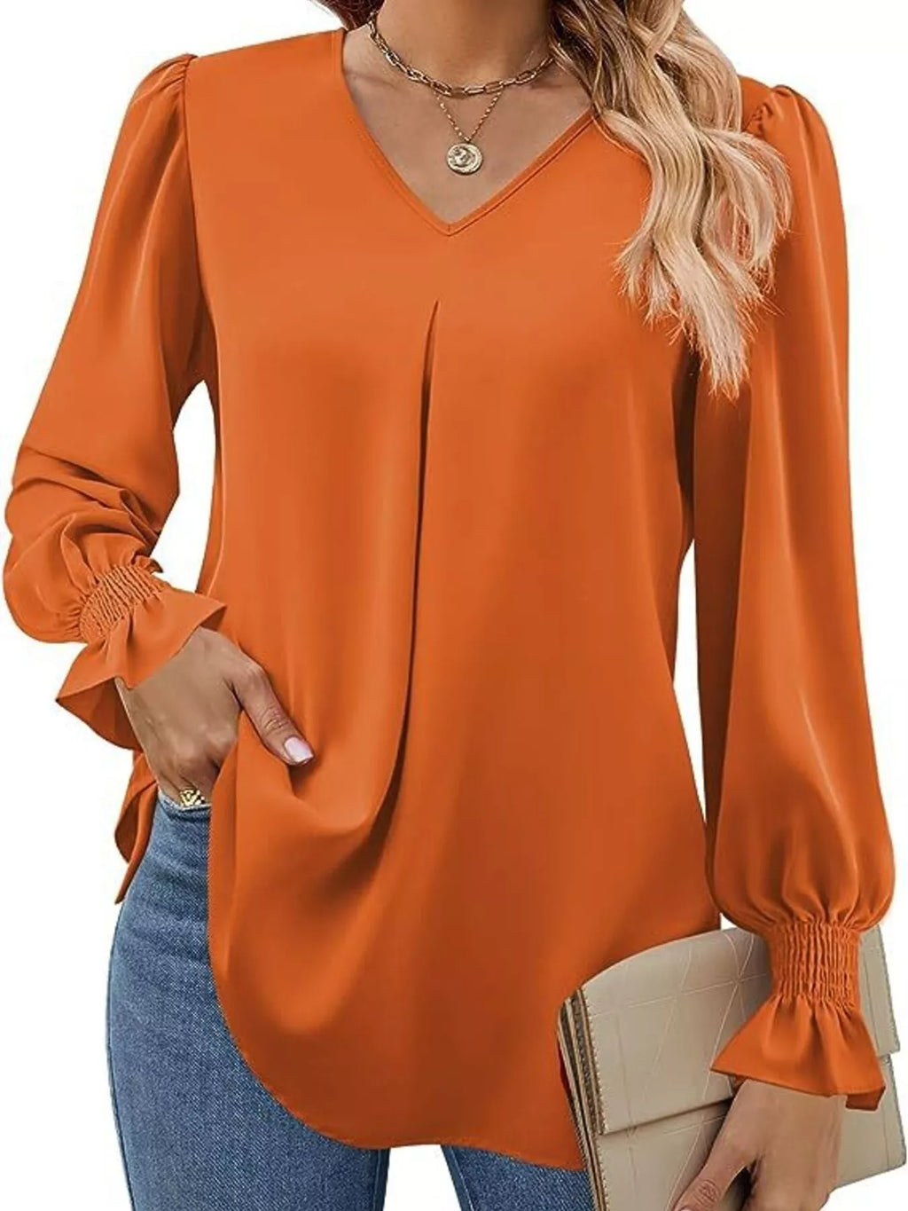 V-Neck Long Sleeve Ruffle Cuff Blouse