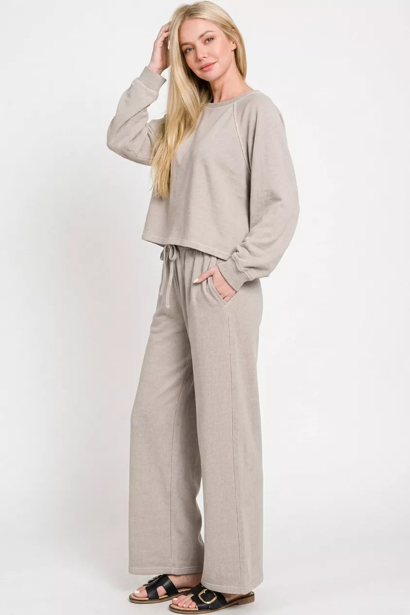 Zenana Washed F/terry Round Neck Pullover & Pants Set