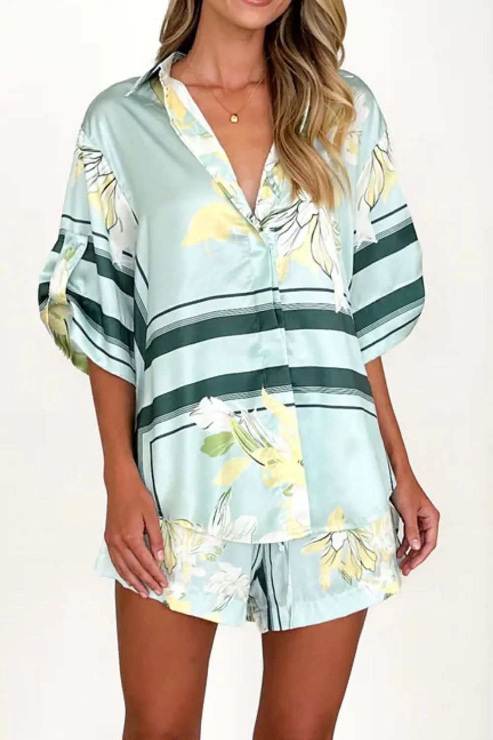 Printed Collared Neck Top and Shorts Set