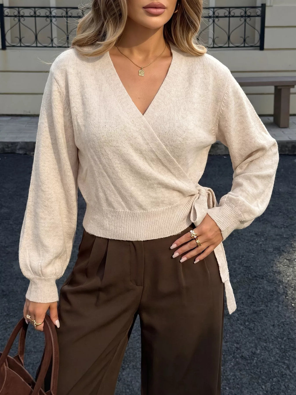 Tied Surplice Long Sleeve Sweater