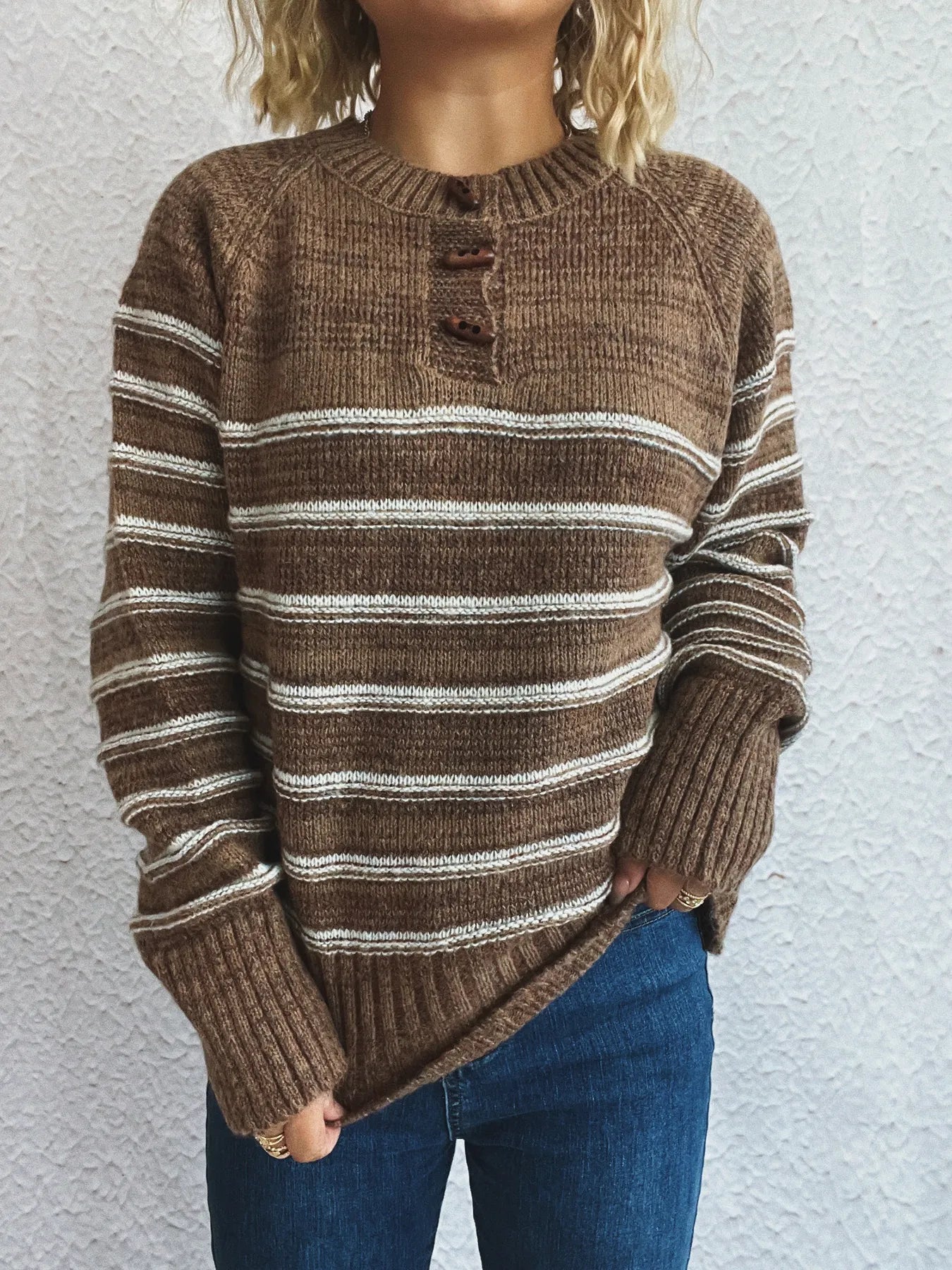 Striped Button Detail Long Sleeve Sweater