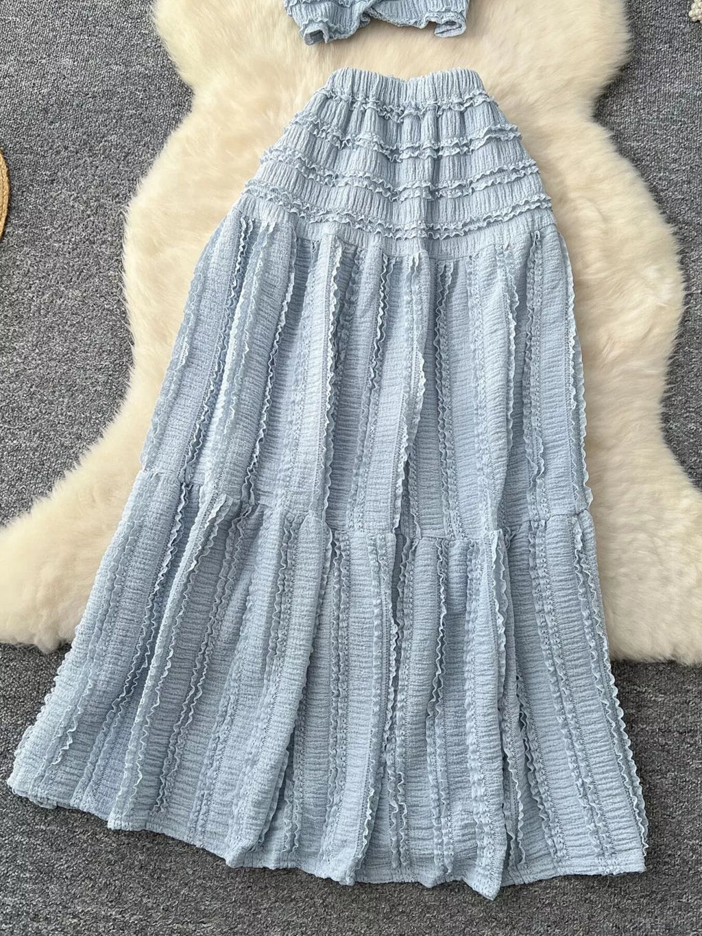 Textured Crop Top and Tiered Skirt Set
