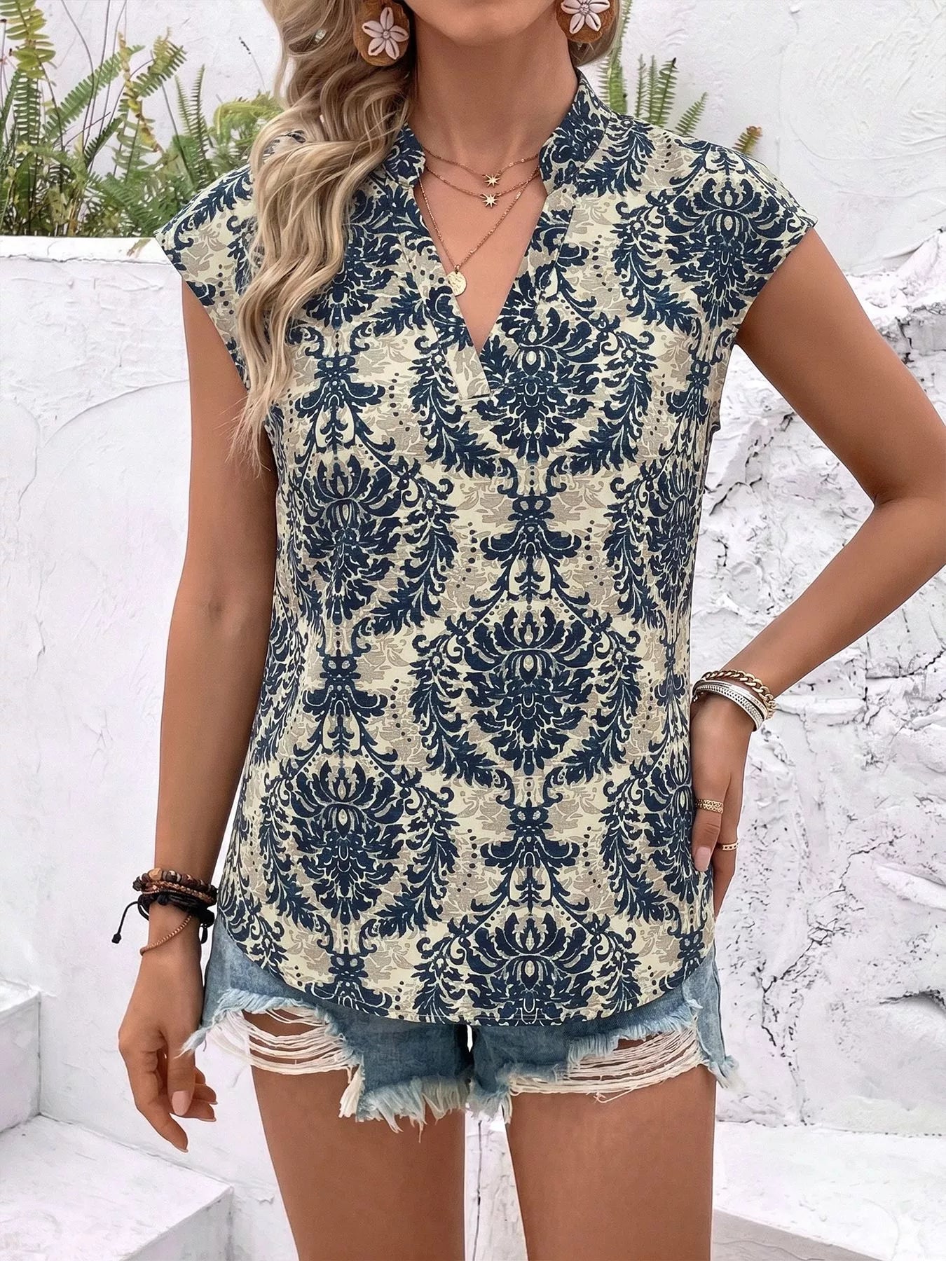 Damask Print Cap Sleeve Blouse