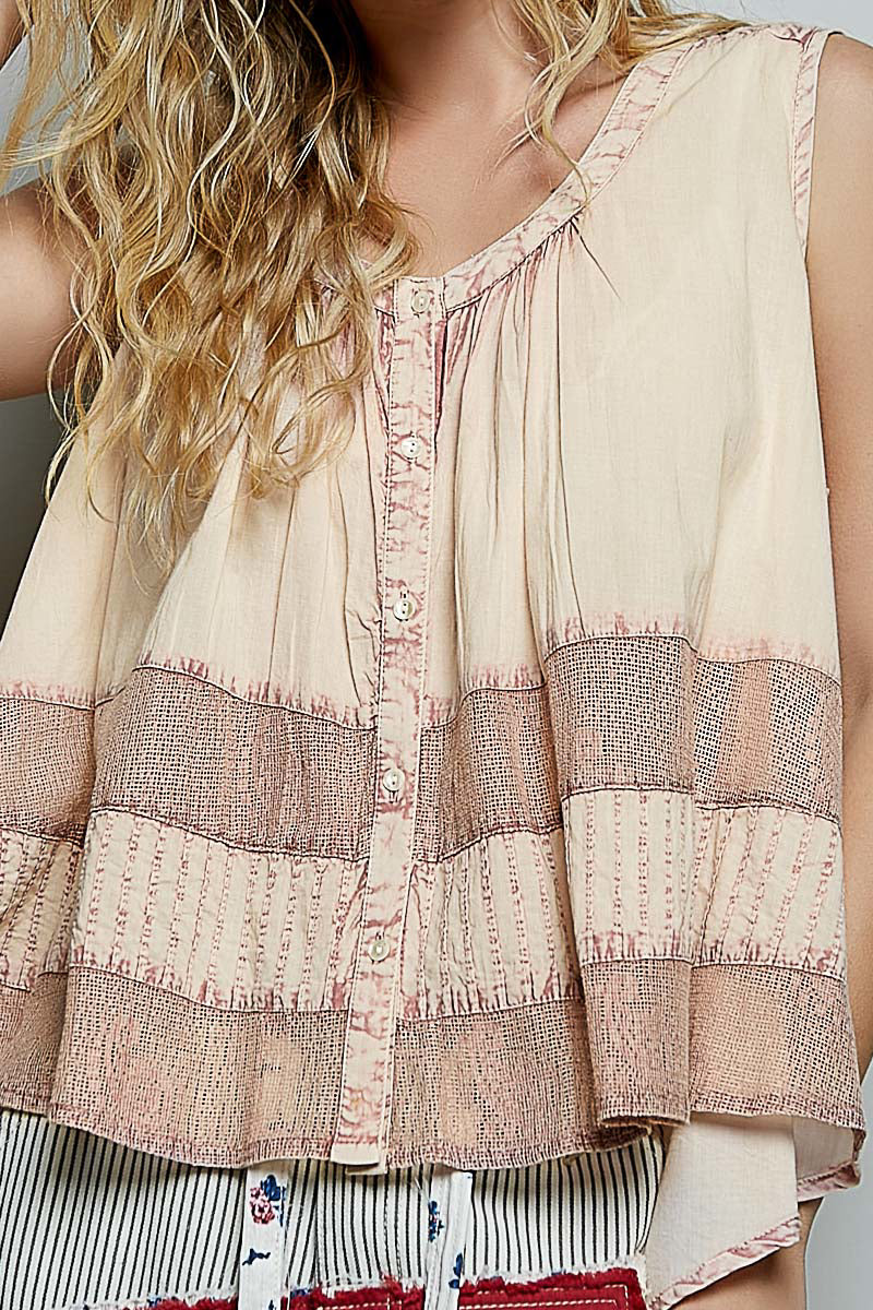 POL Button Down Round Neck Tank with Crochet Contrast