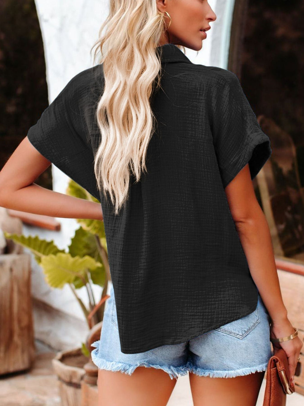 Crinkle Cotton Loose Short Sleeve Shirt