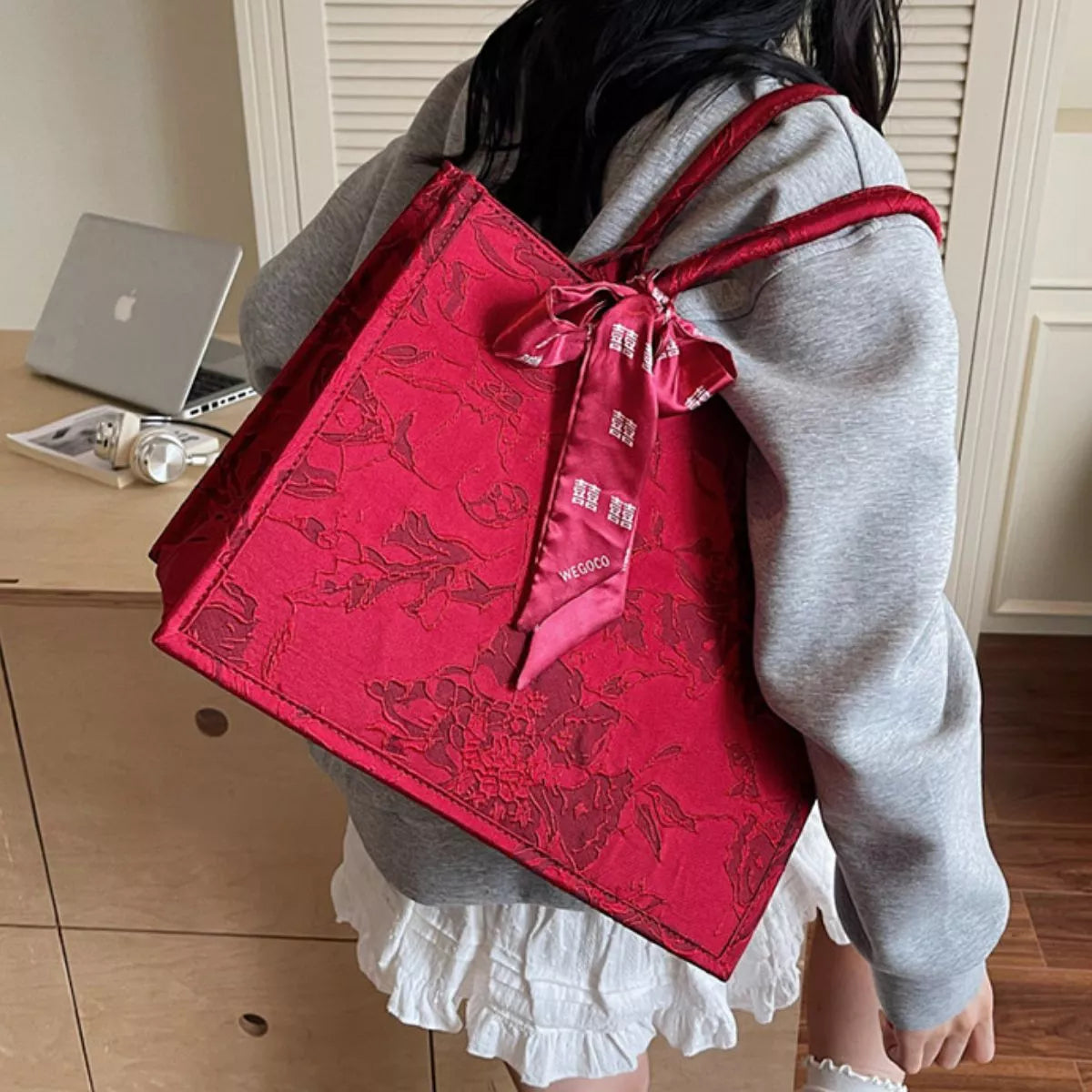 Floral Embossed Tote Handbag with Scarf Accent