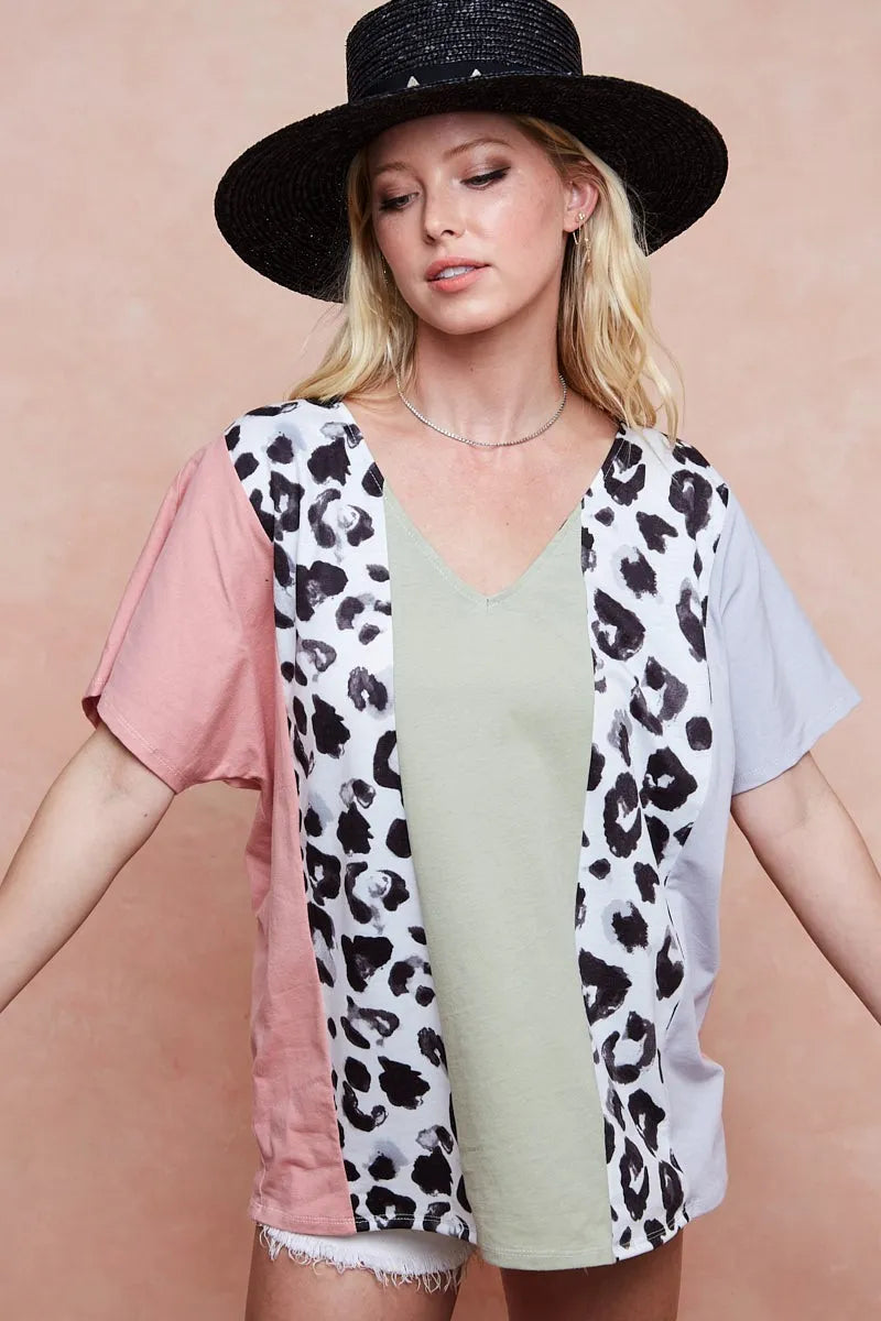 BiBi Cotton Span Knit With Leopard Color Block Top