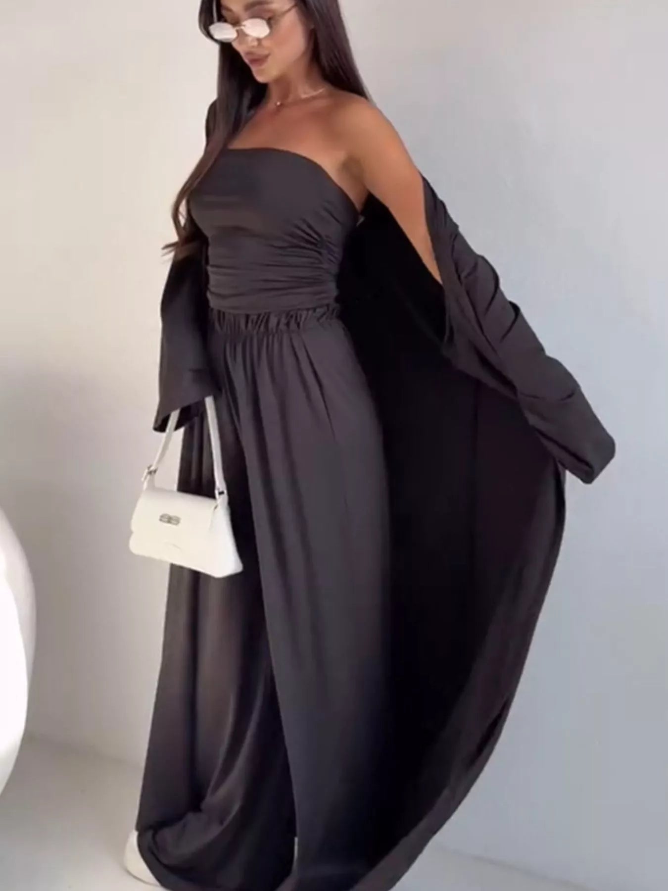 Tube Top & Cardigan & Wide Leg Pants 3-Piece Set