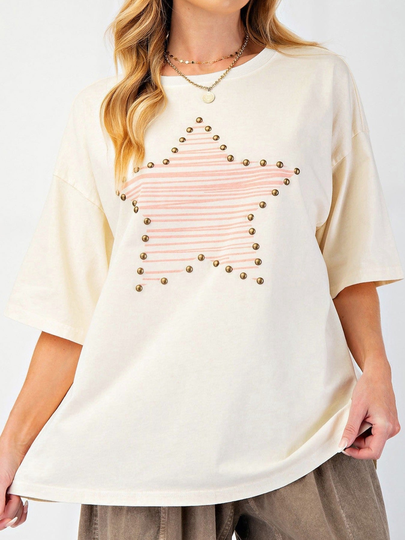 Star Print Stud Detail Cotton Jersey Top