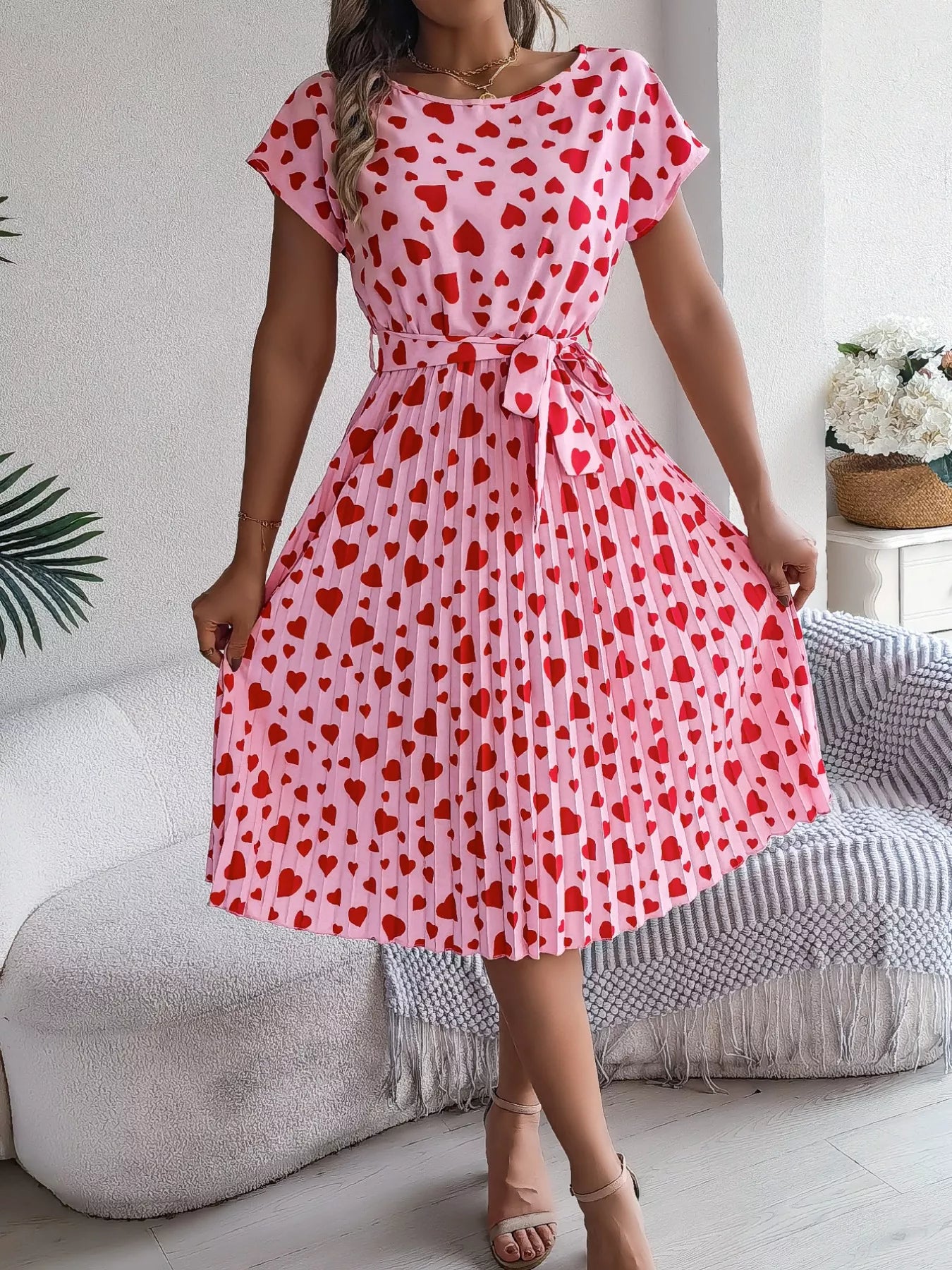 Heart Print Belted Pleated Midi Dress