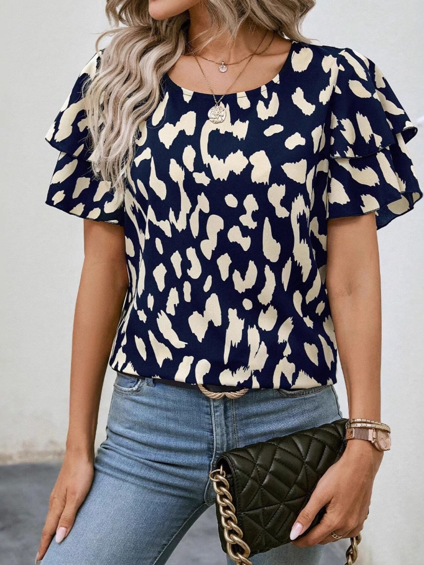 Animal Print Ruffle Sleeve Blouse