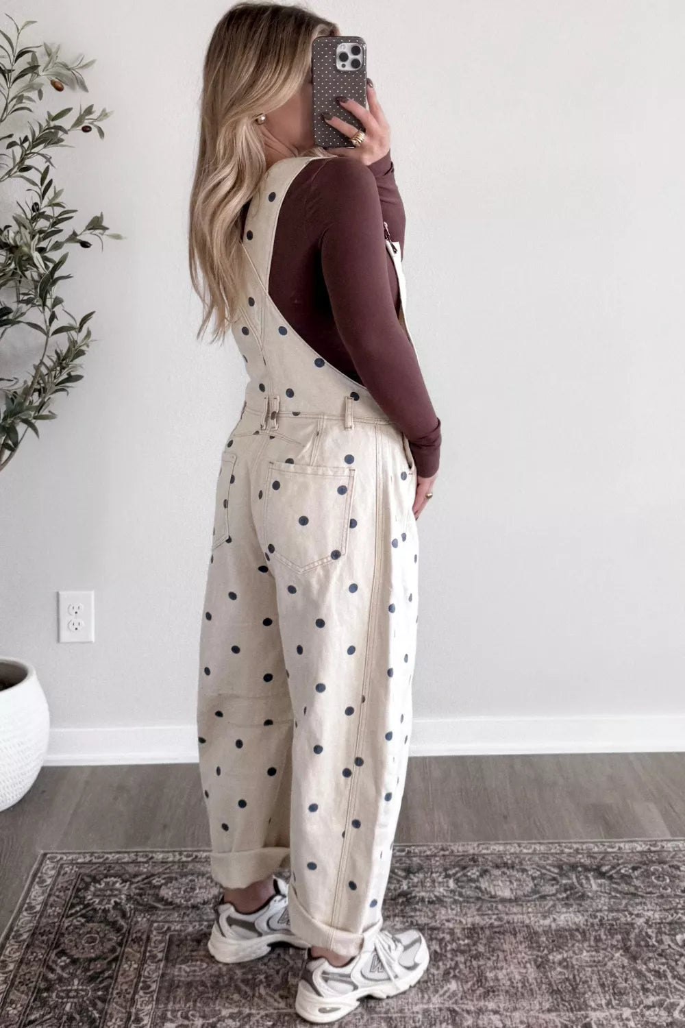Polka Dot Print Bib Pocket Denim Barrel Overalls Jumpsuit