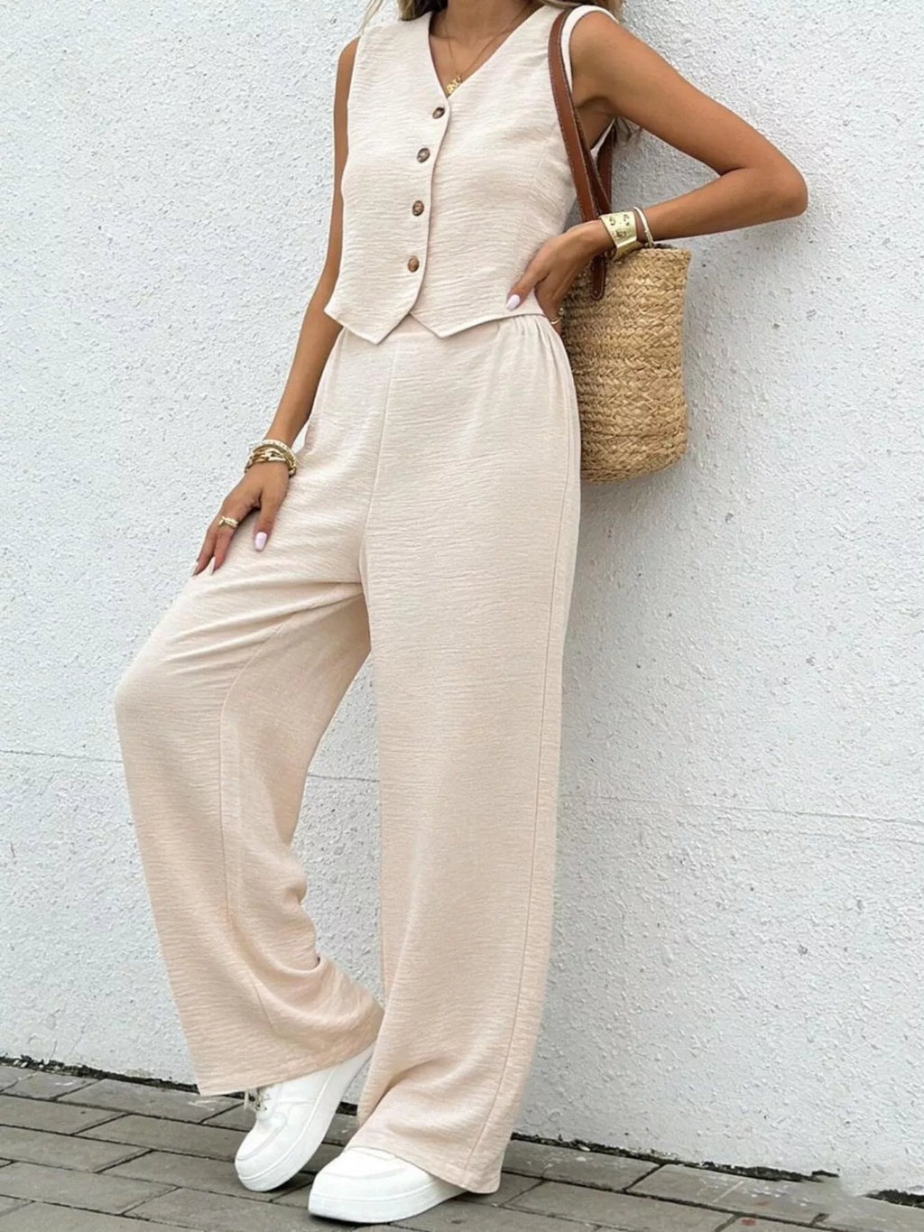 Button Up Vest and Wide Leg Pants Set