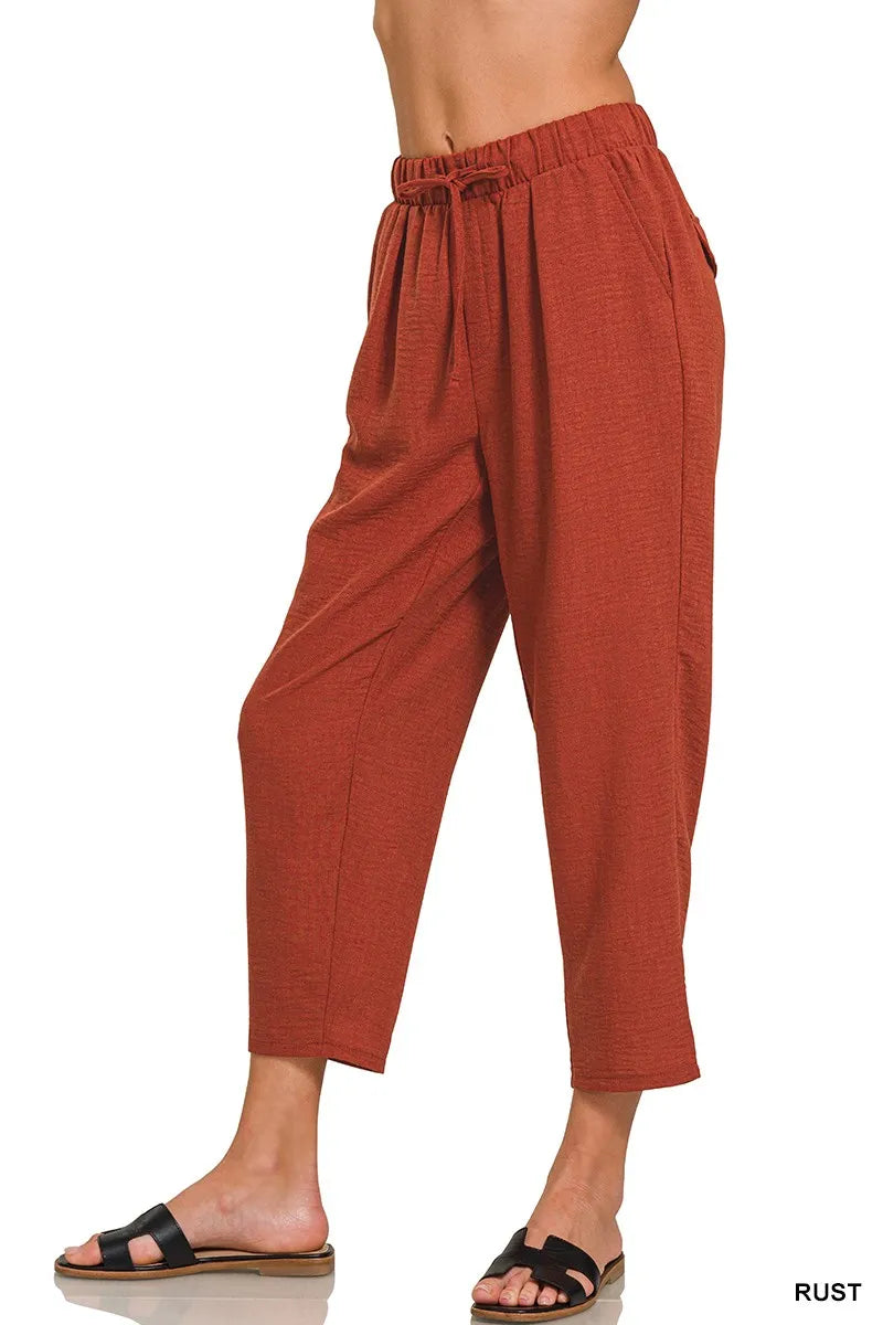 Zenana Woven Crepe Elastic Band Waist Pants