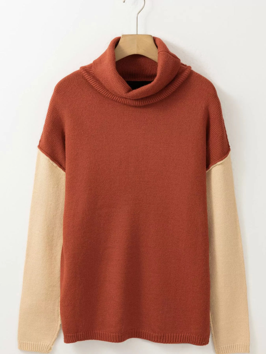 Color Block Turtleneck Drop Shoulder Knit Sweater