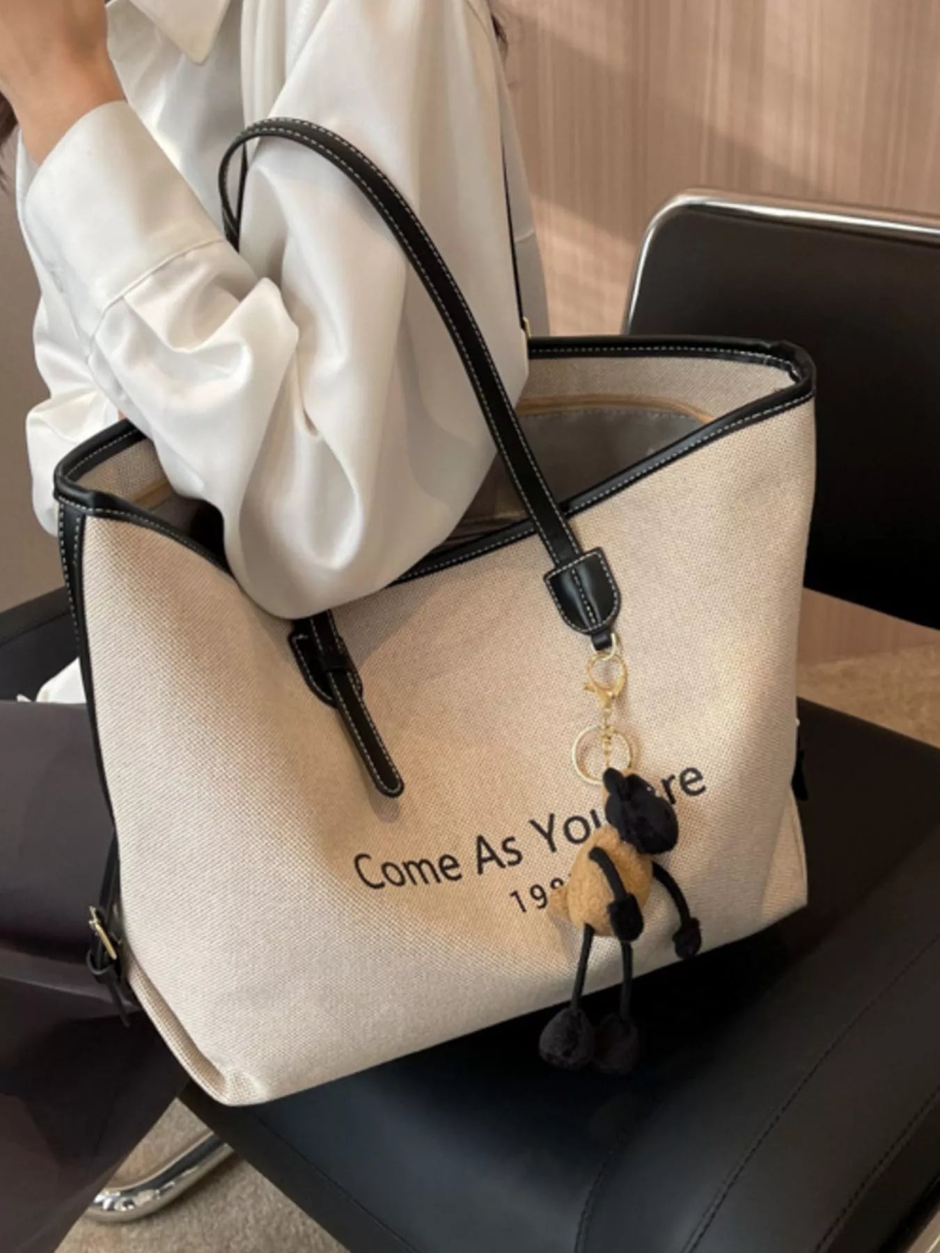 Canvas Tote Shoulder Bag with Charm