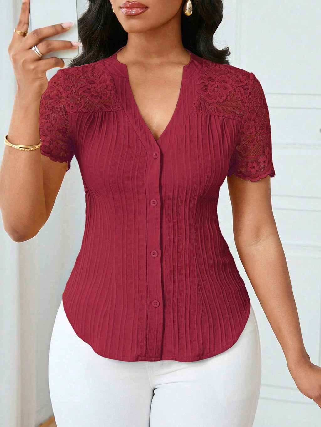 Lace Sleeve Button Up Shirt