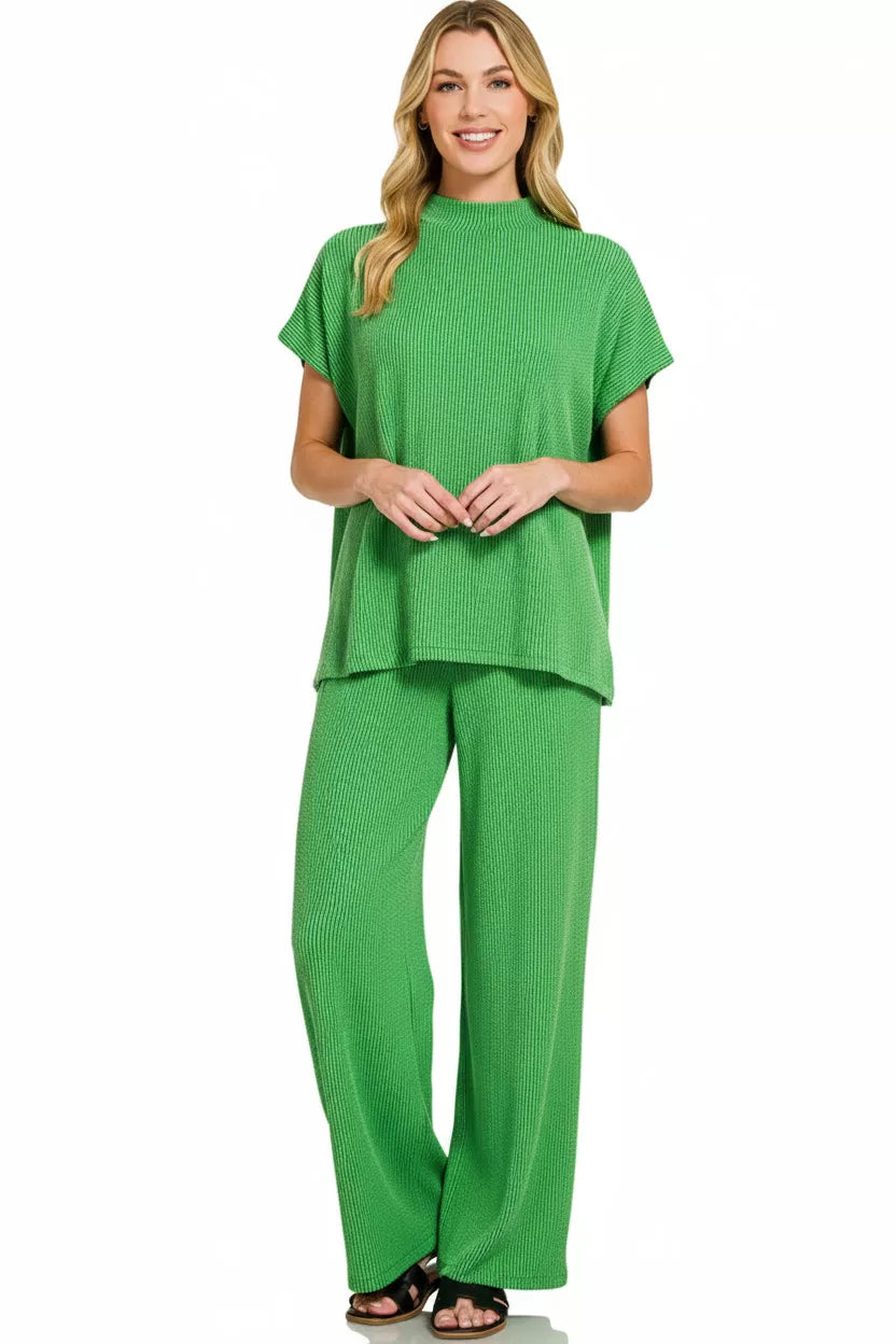 Zenana Raised Rib Short Sleeve Tee & Pants Set