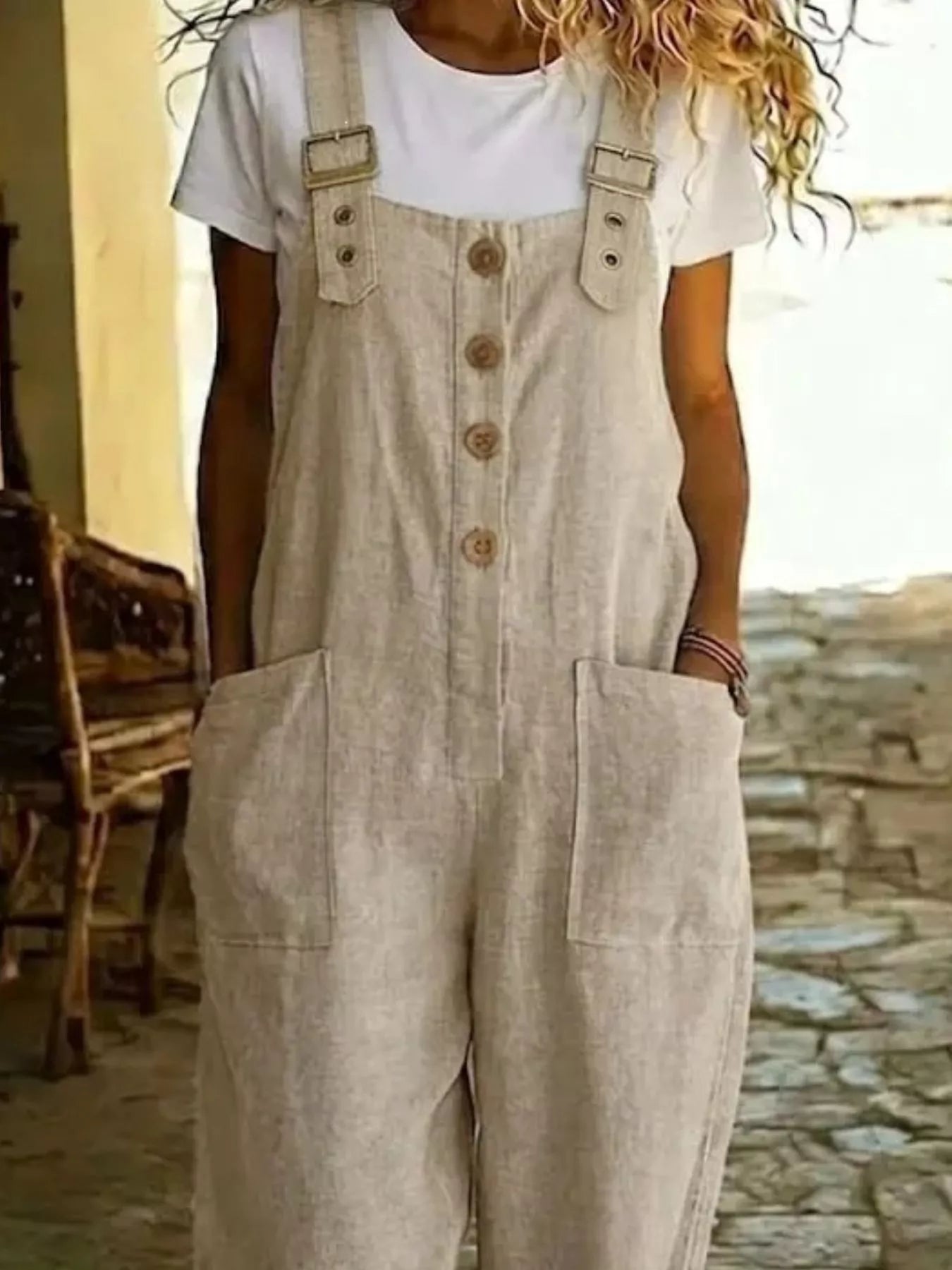 Casual Button Front Wide Leg Overalls