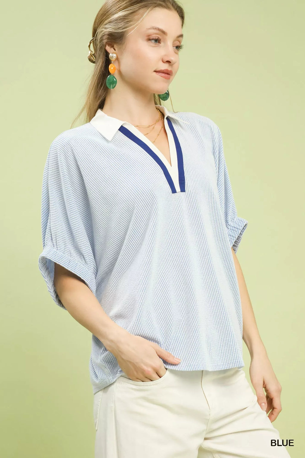 Contrast Collar V-Neck Top