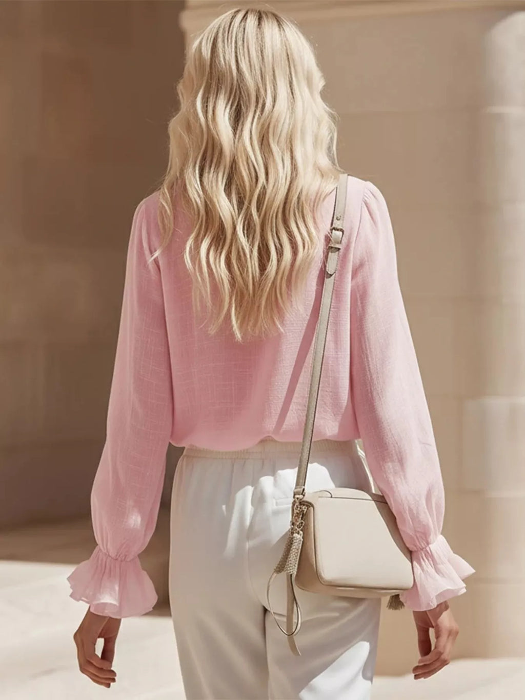 Ruffled V-Neck Long Sleeve Blouse