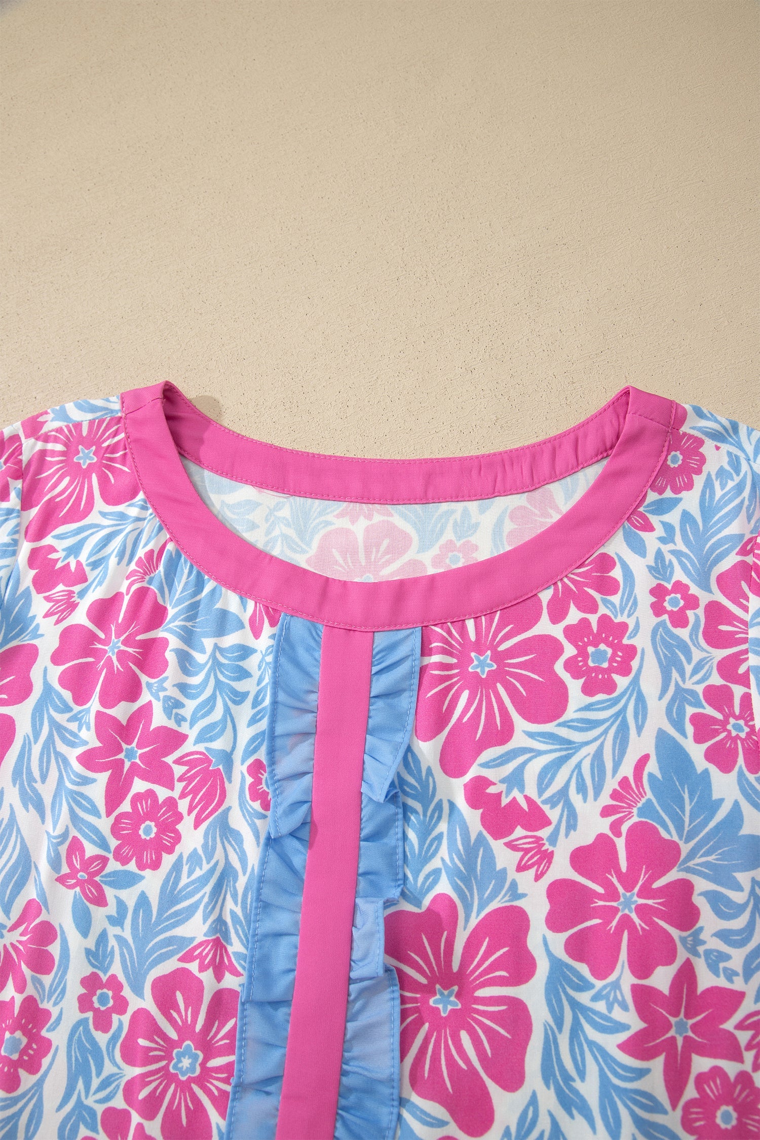 Floral Colorblock Trim Ruffle 3/4 Sleeve Blouse