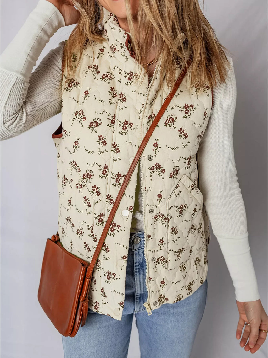 Floral Print Zip Up Quilted Vest