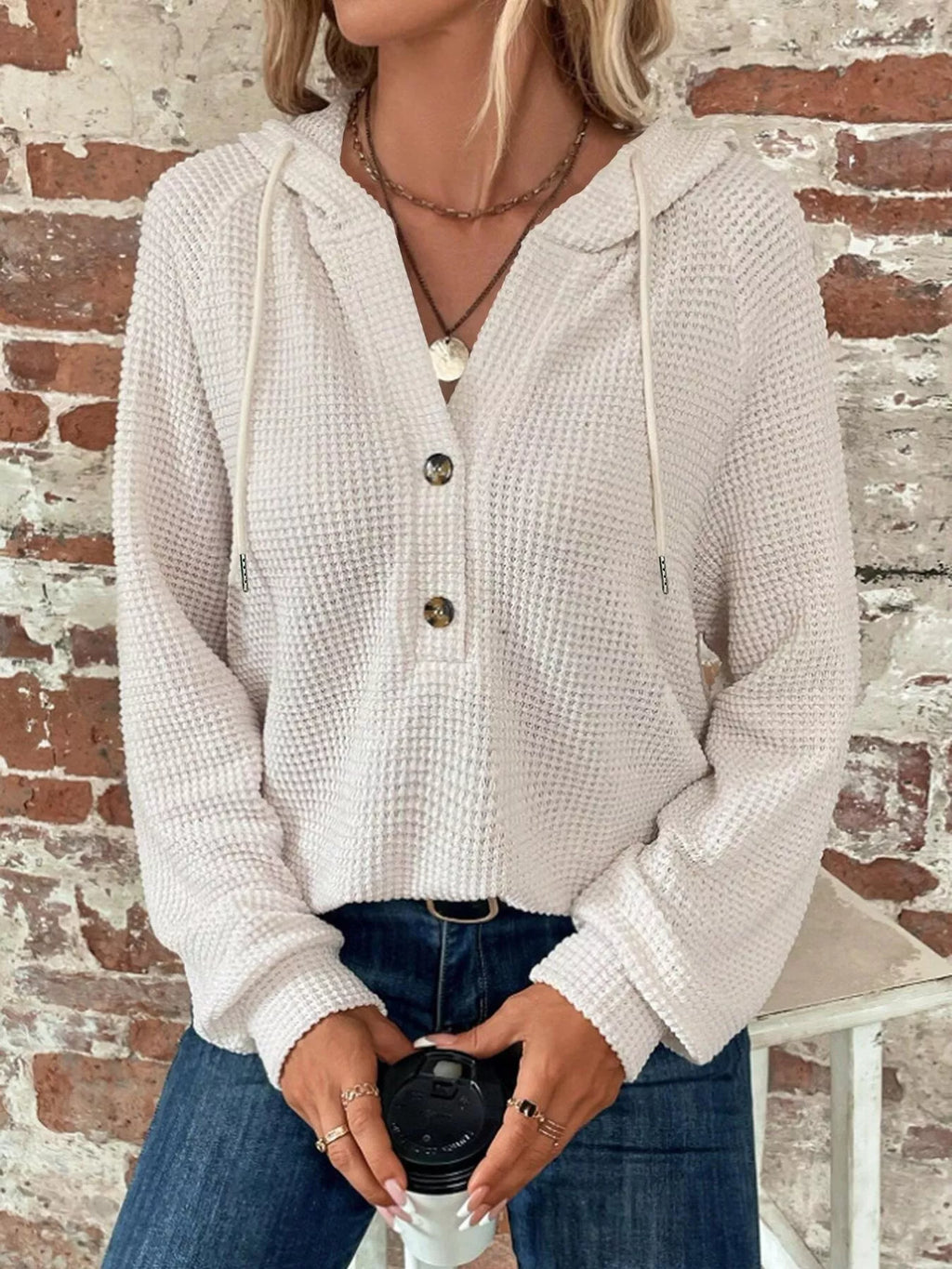 Waffle Knit Button Detail Hoodie