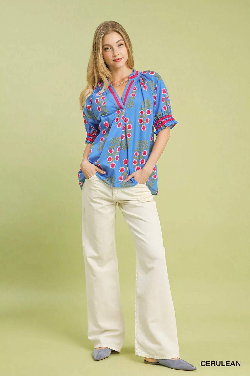Umgee Floral V-Neck Puff Sleeve Top