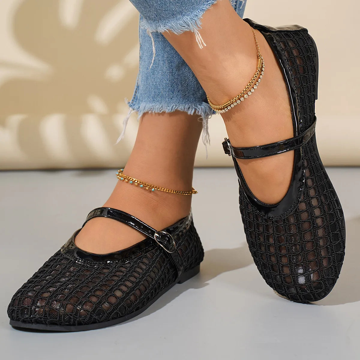 Woven Mesh Mary Jane Sandals with Buckle Strap