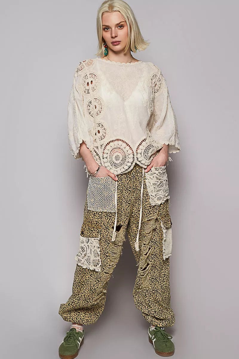 POL Round Neck Crochet Top with Floral Embroidery Detail