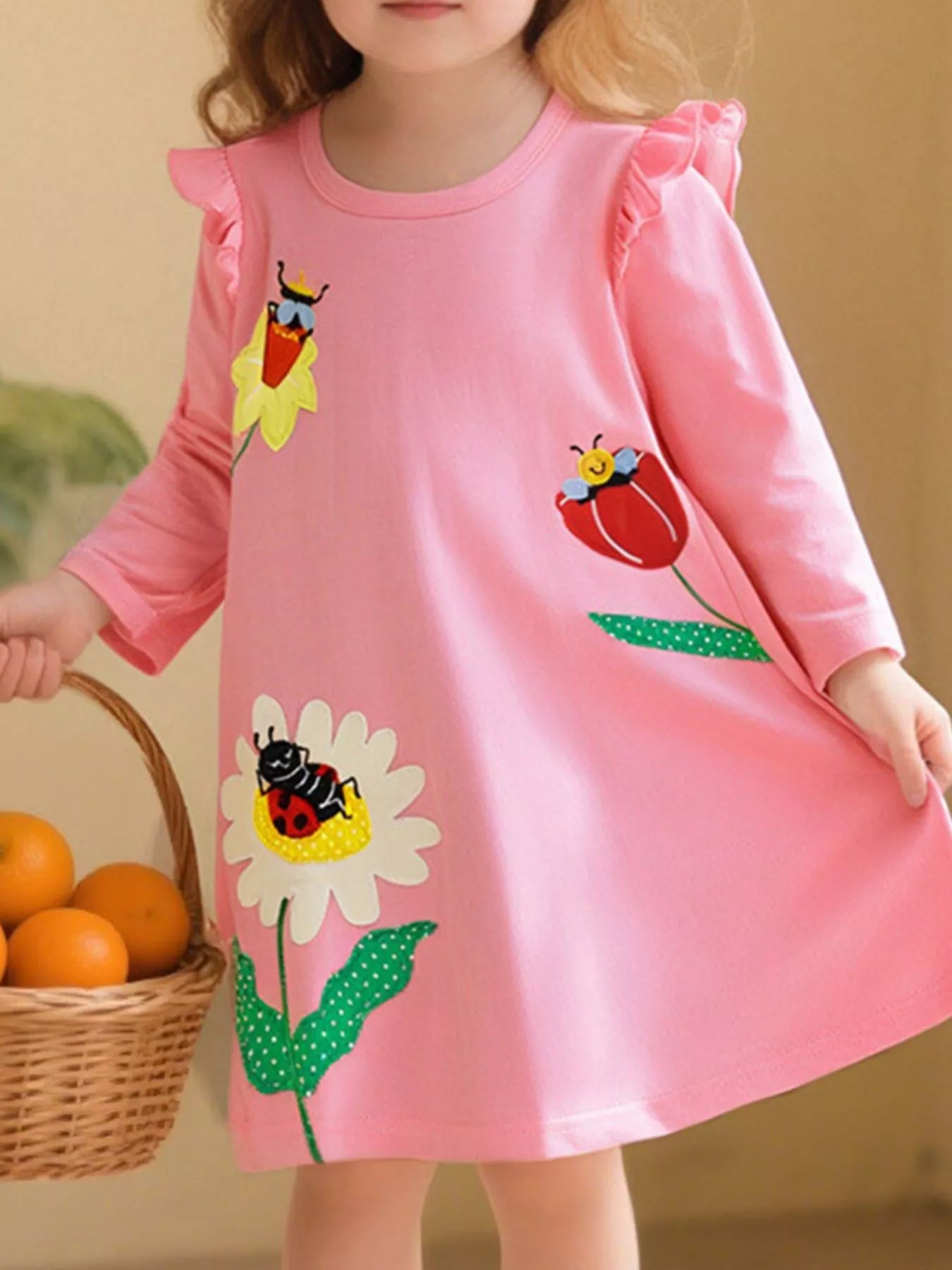 Children's Insect and Flower Appliques Long-Sleeve Dress