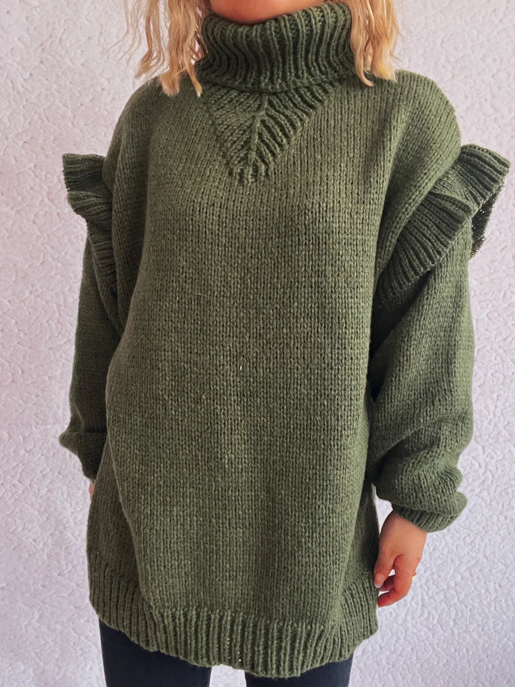 Ruffled Turtleneck Long Sleeve Sweater