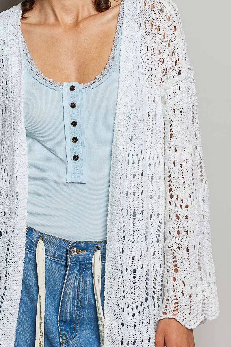 POL Openwork Lightweight Open Front Cardigan with Scalloped Edge