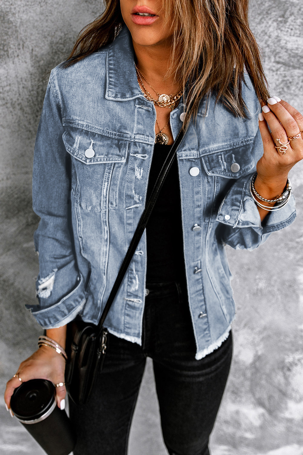 Denim Lapel Distressed Raw Hem Buttoned Jacket