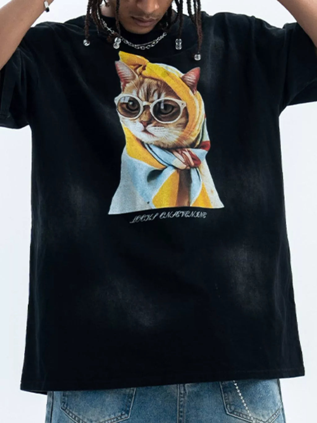 Men's Cat Graphic Round Neck T-Shirt