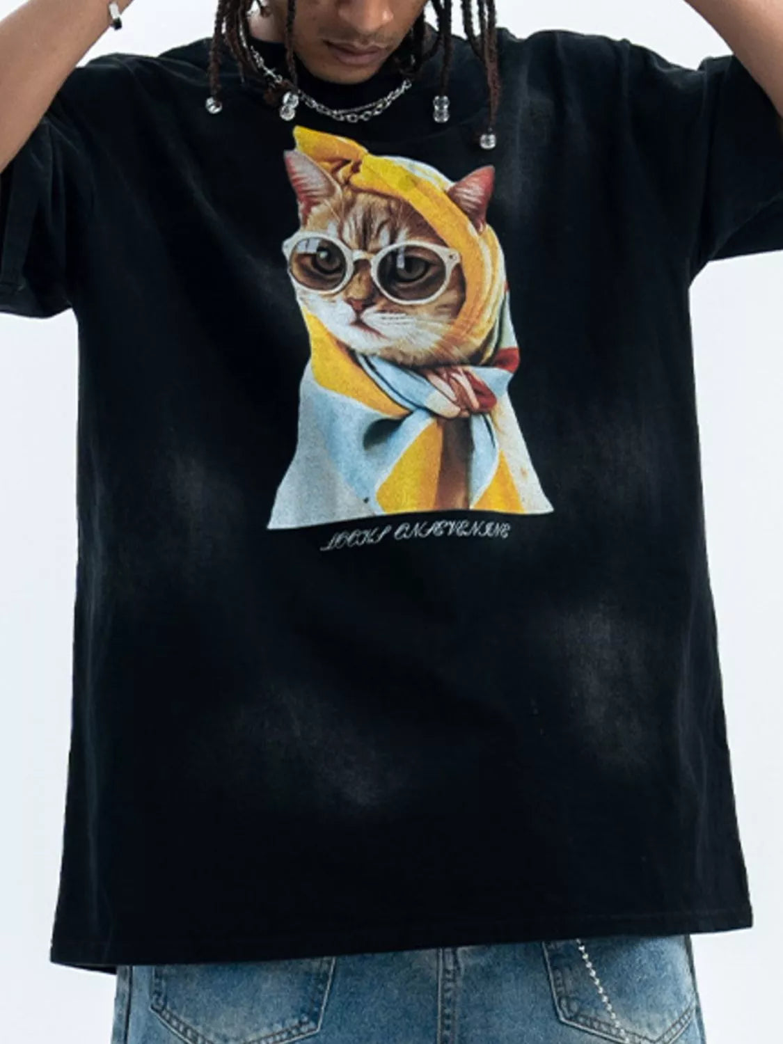 Men's Cat Graphic Round Neck T-Shirt