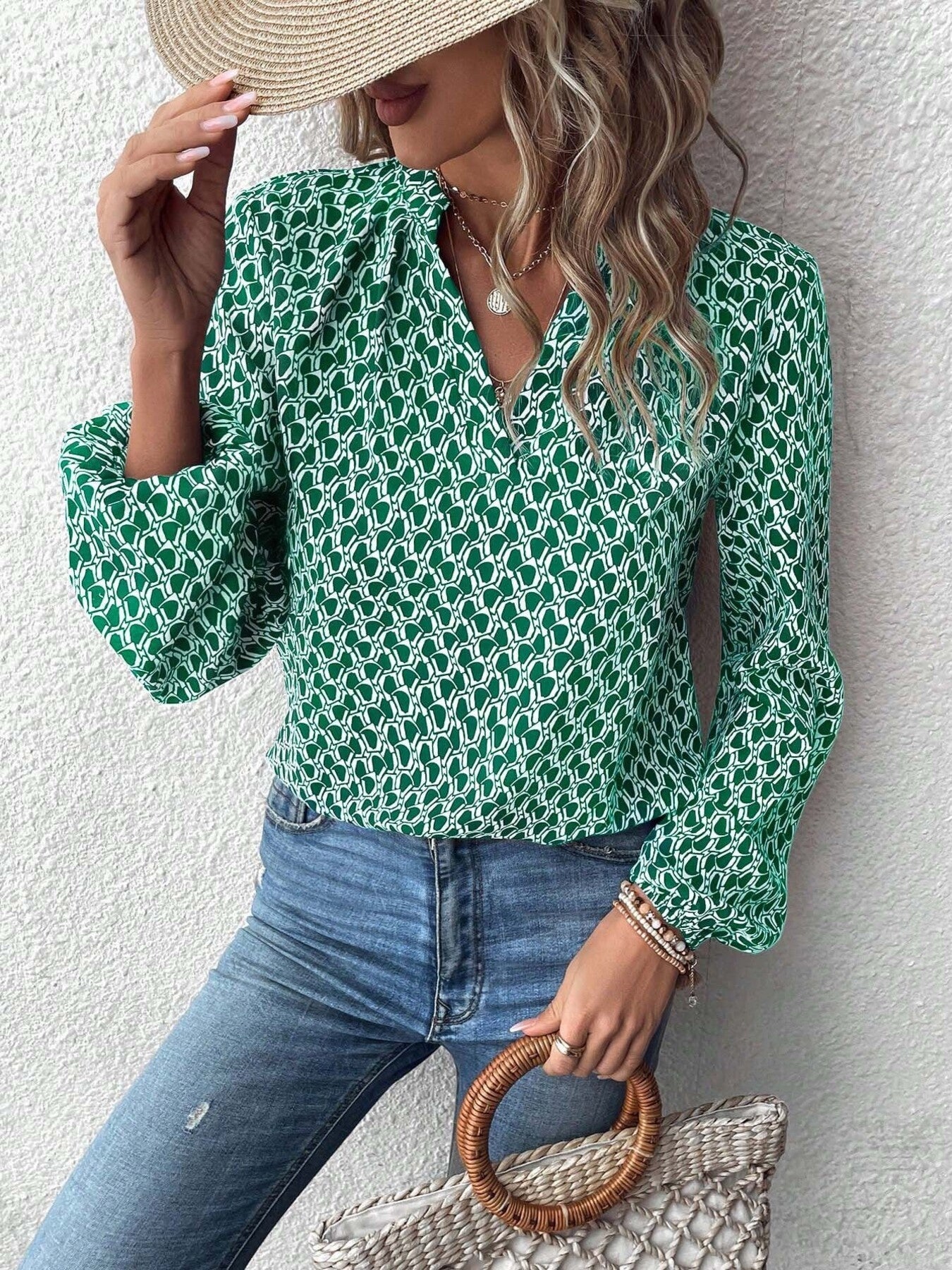 Printed Notched Balloon Sleeve Blouse
