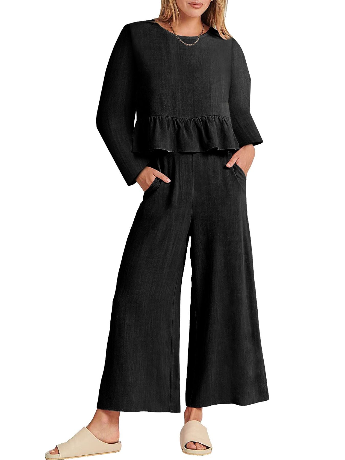 Full Size Ruffled Hem Long Sleeve Top and Pants Set Plus Size