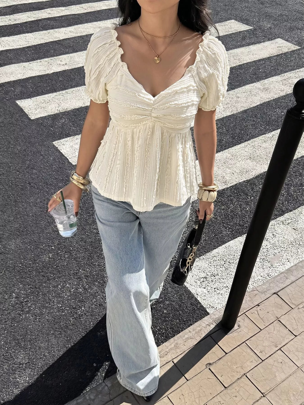 Textured Sweetheart Neck Puff Sleeve T-Shirt