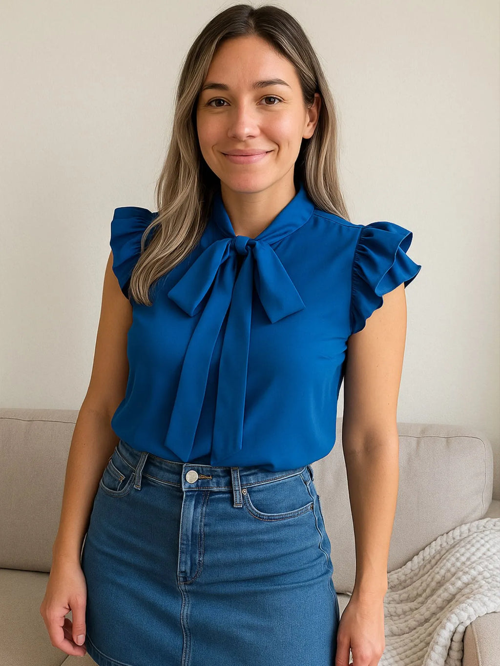 Ruffle Cap Sleeve Bow Tie Blouse