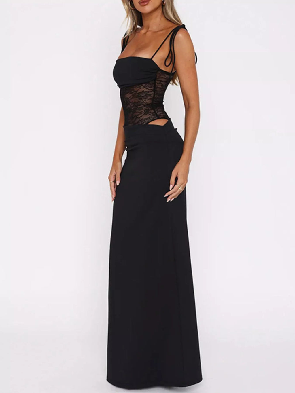 Lace Cutout Tie Shoulder Maxi Dress