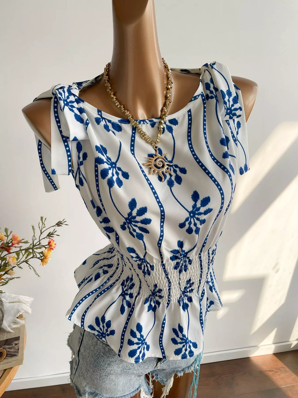 Smocked Tie Shoulder Blouse