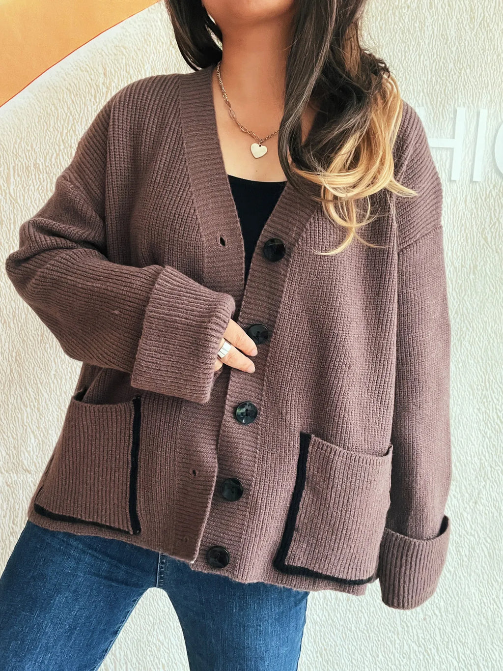 Button-Front Ribbed Cardigan with V-Neck