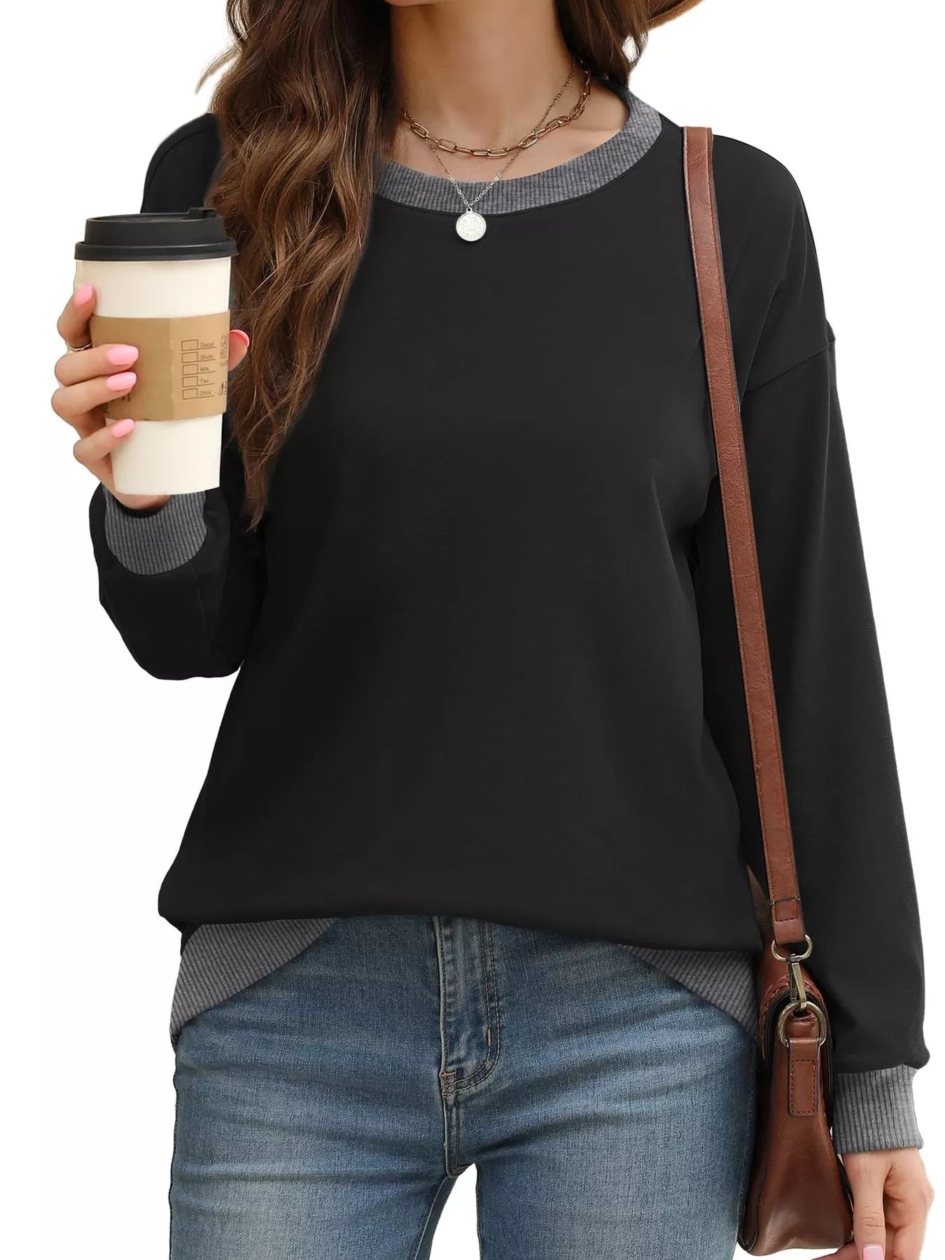 Contrast Trim Crew Neck Casual Sweatshirt