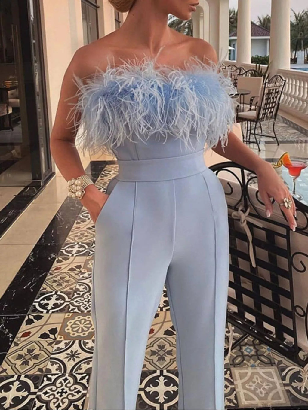 Feather Trim Strapless Wide-Leg Jumpsuit