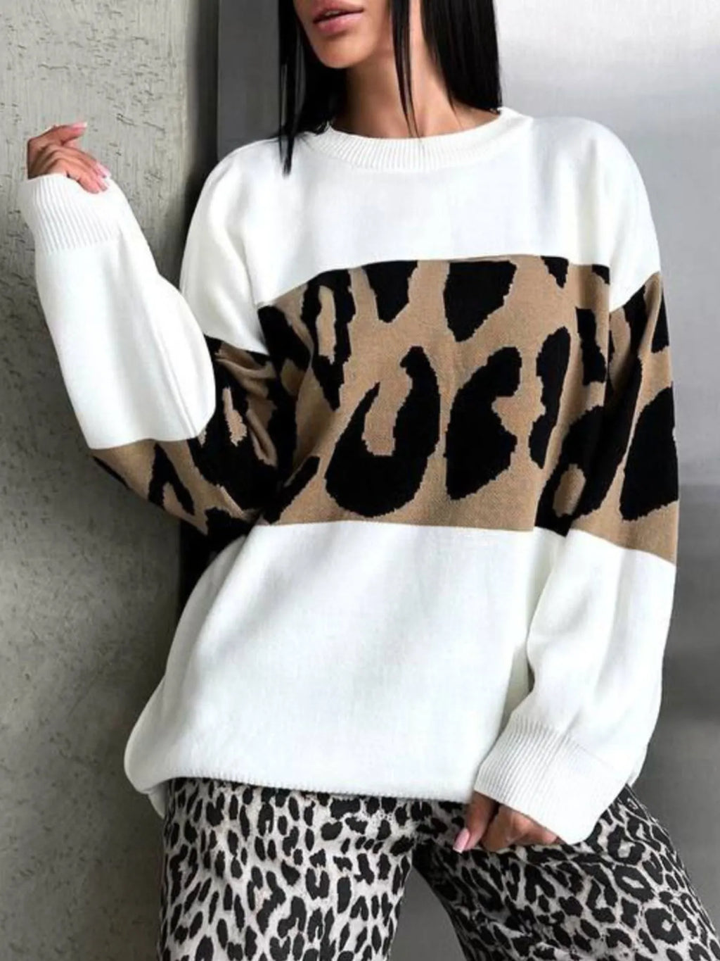 Leopard Color Block Round Neck Sweater
